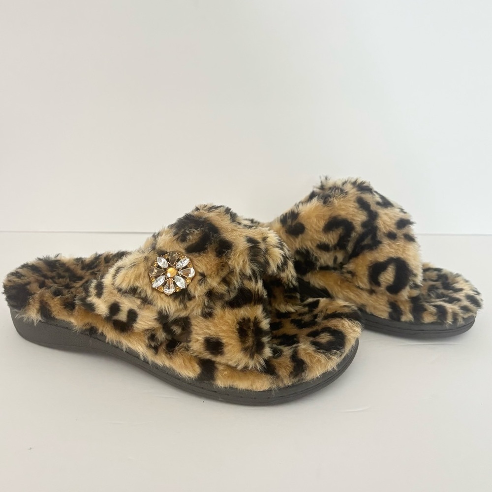 Vionic Orthaheel Relax Luxe Leopard Faux Fur Orthopedic adjustable Slippers Sz 6